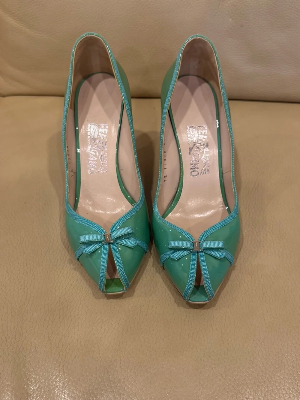 Salvatore Ferragamo Mint Green Patent Peep-Toe Pumps with Bow Accent